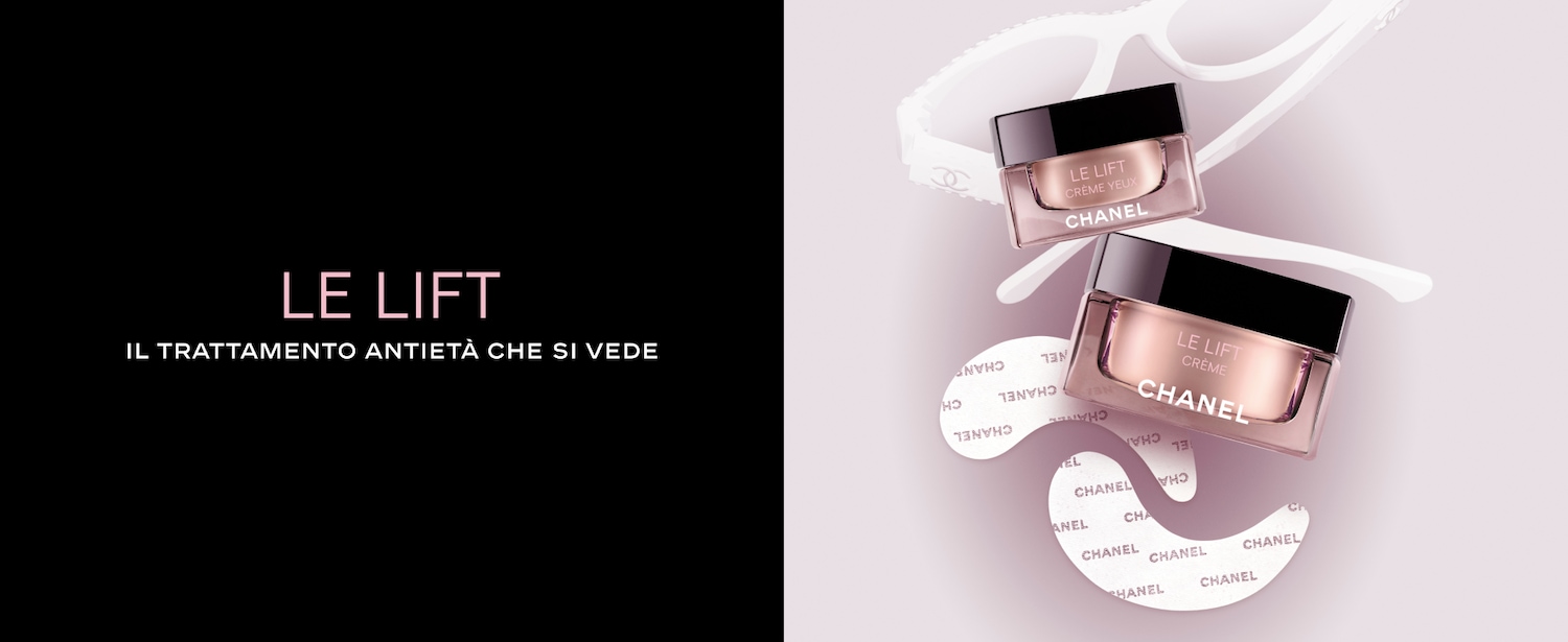 Discover Chanel's Le Lift, the anti-aging treatment that visibly rejuvenates, presented in elegant pink packaging with a sleek black lid, promising a lifted and youthful look.