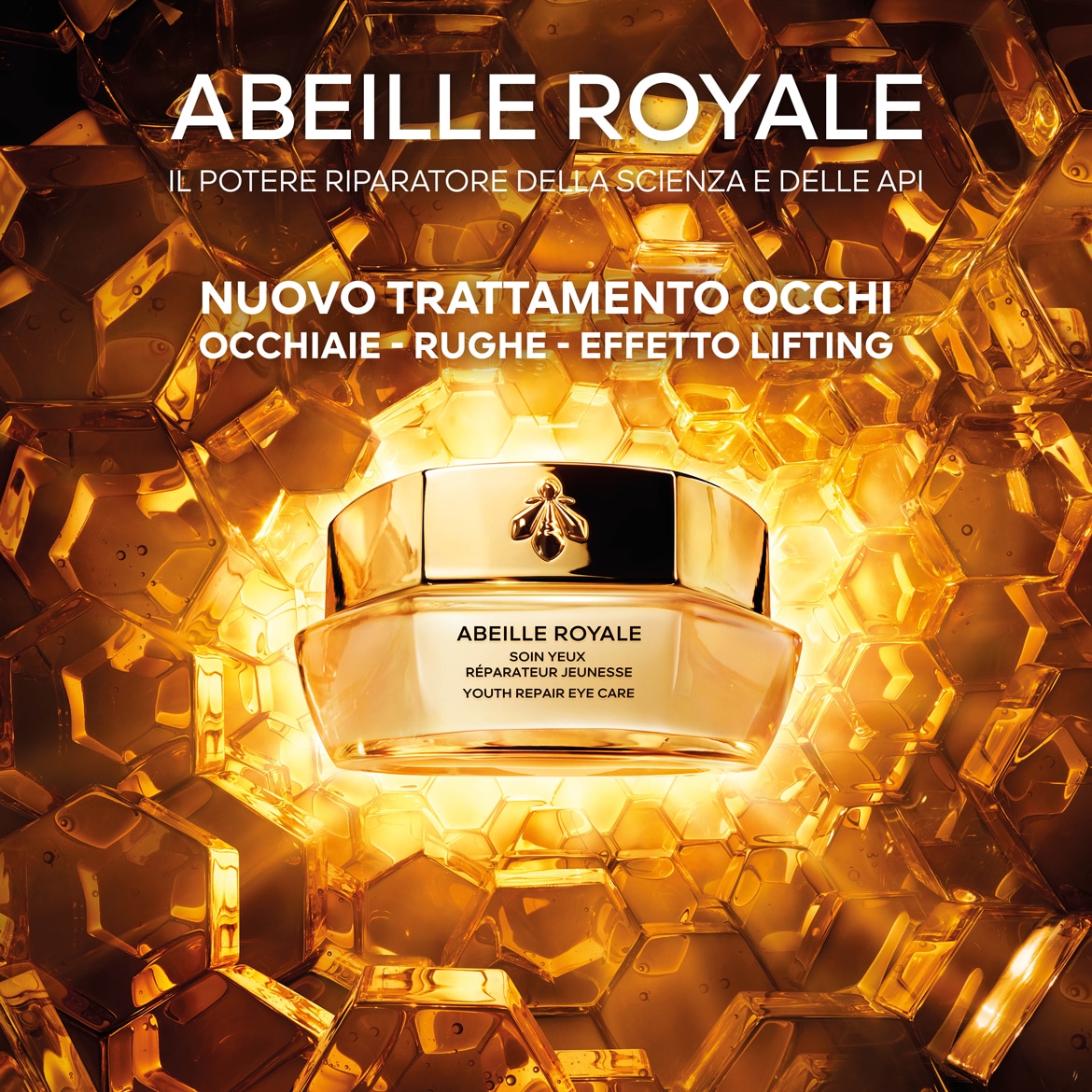 Ecco Abeille Royale Trattamento Occhi, un lussuoso soin jeunesse racchiuso in un elegante vasetto dorato, per ridurre occhiaie, rughe e donare un effetto lifting.