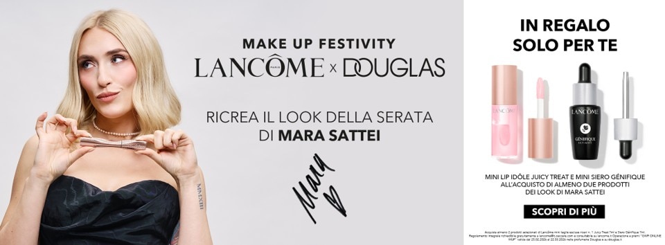 Festeggia con il make-up Lancôme x Douglas e ricrea il look di Mara Sattei, la donna bionda con un vestito nero senza spalline che tiene in mano un mascara.