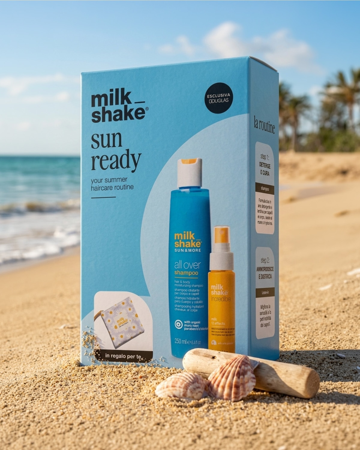 Scopri il cofanetto Milk Shake Sun Ready, esclusiva Douglas, ideale per la tua routine estiva di cura dei capelli, con shampoo idratante e leave-in per proteggerli dal sole.
