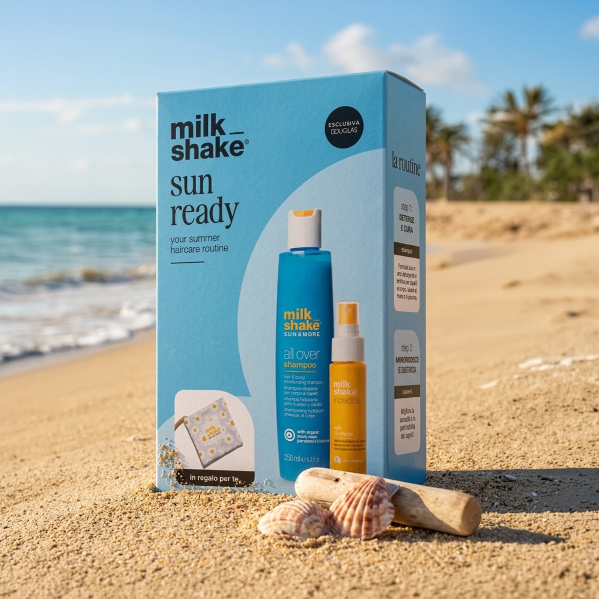 Il set Milk Shake Sun Ready è la routine perfetta per la cura dei capelli in estate, con shampoo idratante all over e trattamento leave-in Incredible per capelli morbidi e protetti.