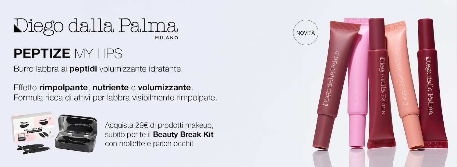 Scopri il nuovo burro labbra ai peptidi Diego dalla Palma, volumizzante e idratante, per labbra visibilmente rimpolpate. Acquista ora 29€ di prodotti makeup e ricevi il Beauty Break Kit con mollette e patch occhi!