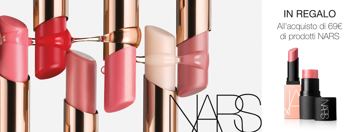 Several NARS lipsticks in pink, red, and nude shades with gold packaging are displayed, offering a variety of color options.