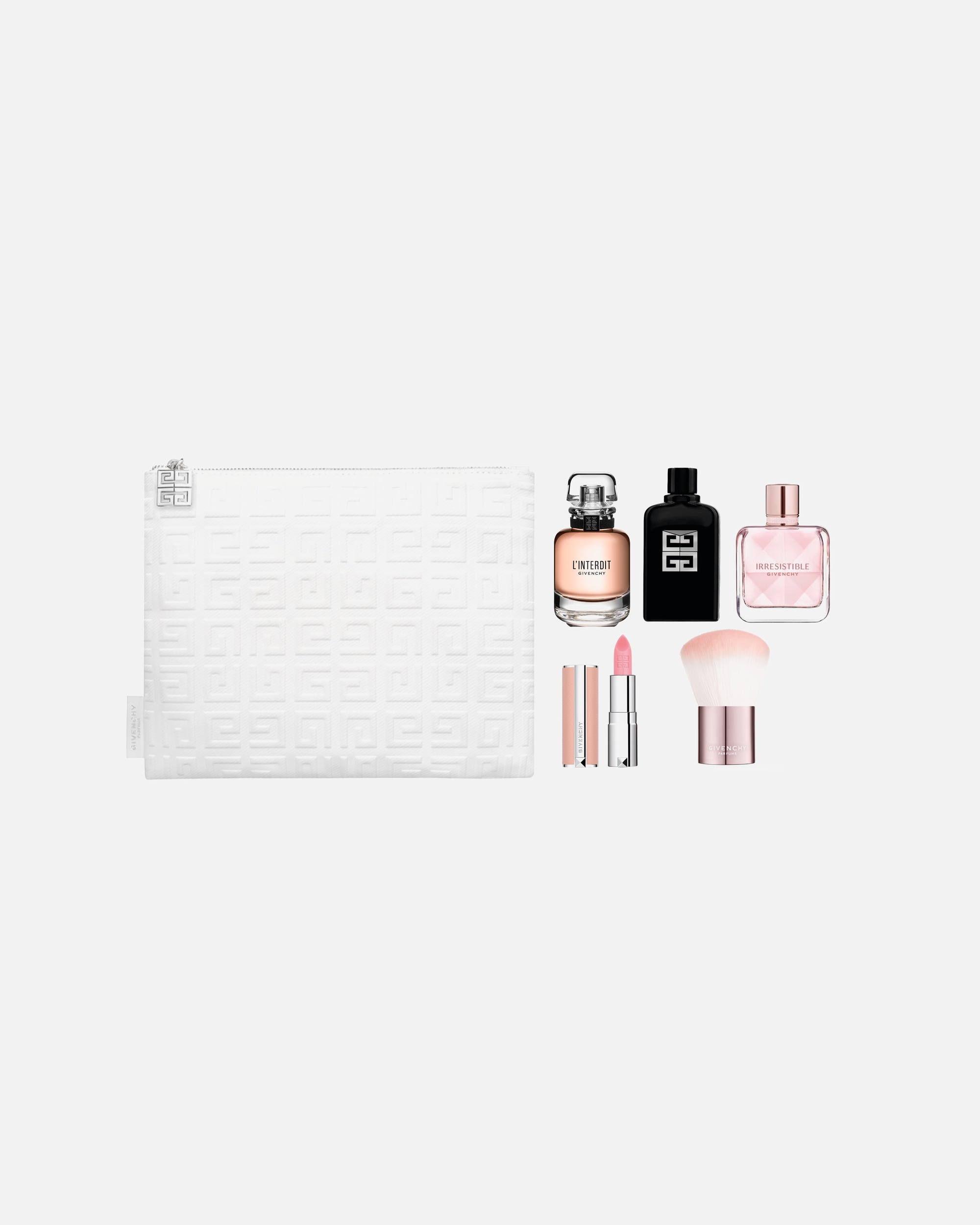 Eau de Parfum di Unisex Omaggio : Pouch con 3 mini produmi, mini rossetto e kabuki brush - Givenchy ESCLUSIVA ON-LINE DOUGLAS Pouch con minisize in omaggio all'aquisto di 120€ in prodotti Givenchy. Esclusi i prodotti Douglas Partner.