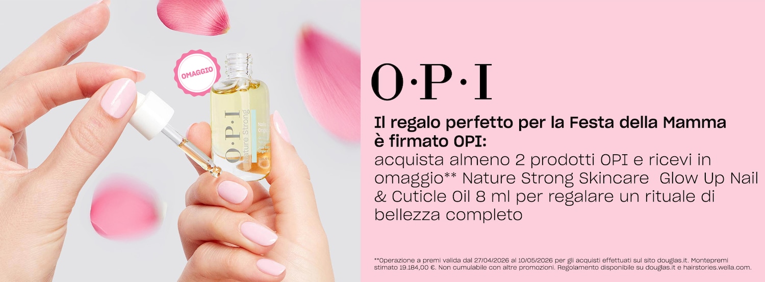 Close-up of a hand applying OPI Nature Strong Nail & Cuticle Oil, with a light yellow tint, nails painted in light pink, and the text says: The perfect gift for Mother's Day is signed OPI.