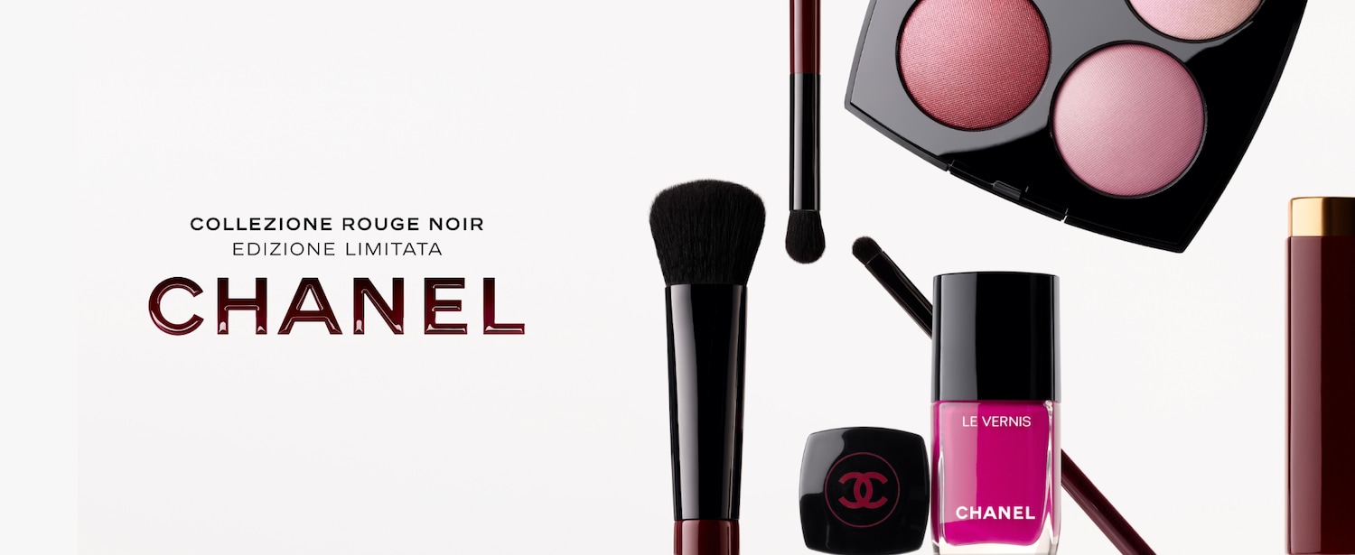 Scopri la Collezione Rouge Noir Edizione Limitata di Chanel, con pennelli professionali, smalto fucsia Le Vernis, blush e rossetto bordeaux.
