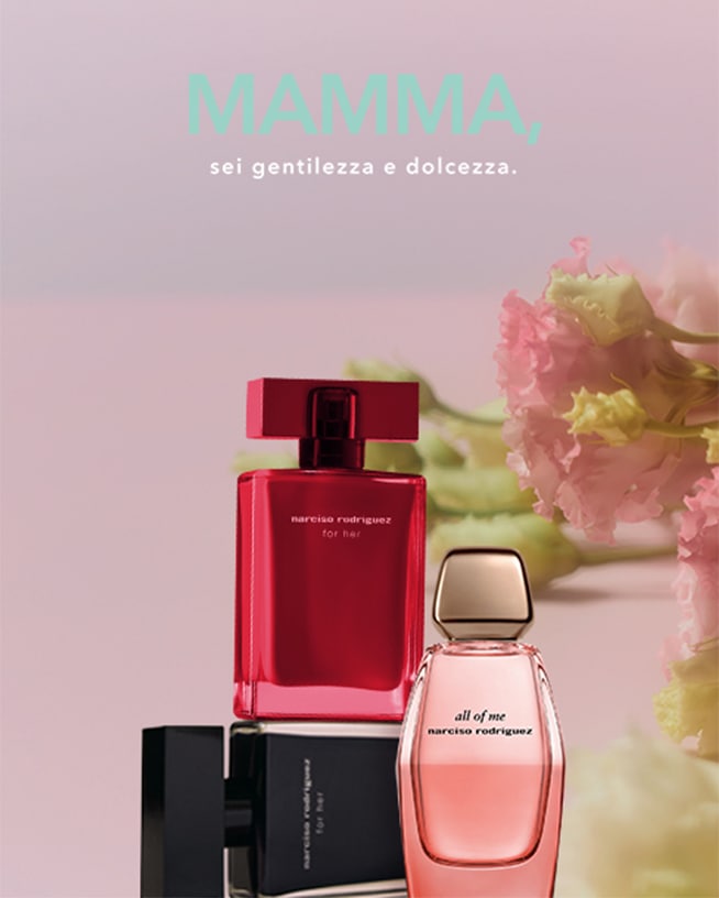 Festeggia la festa della mamma con Narciso Rodriguez: scopri le fragranze 'for her' in flaconi rosso e nero, e 'all of me' in rosa, un omaggio a gentilezza e dolcezza.