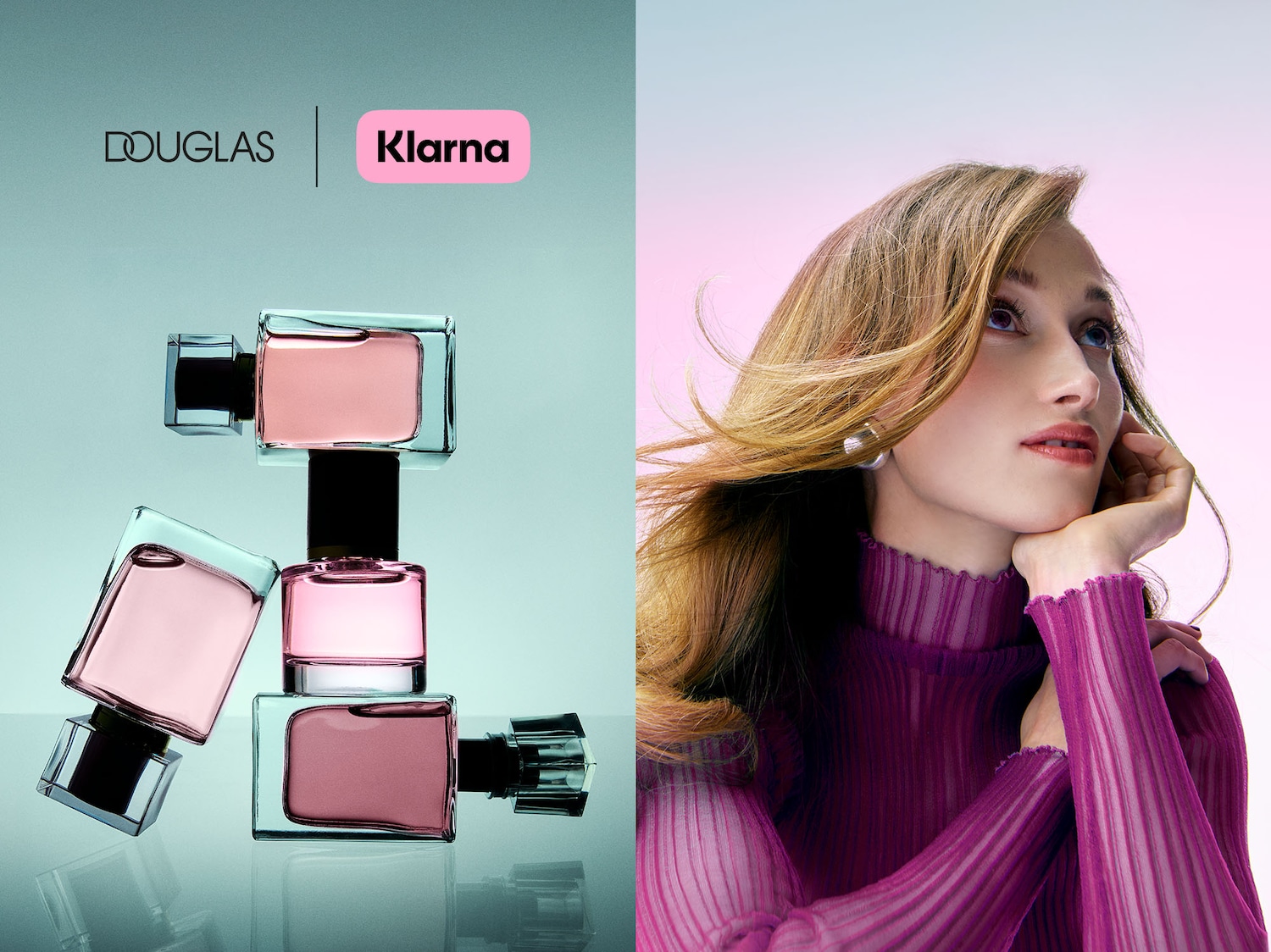 Il logo Douglas e Klarna sono visualizzati su uno sfondo sfumato di blu e rosa, con tre flaconi di profumo rosa disposti artisticamente.
