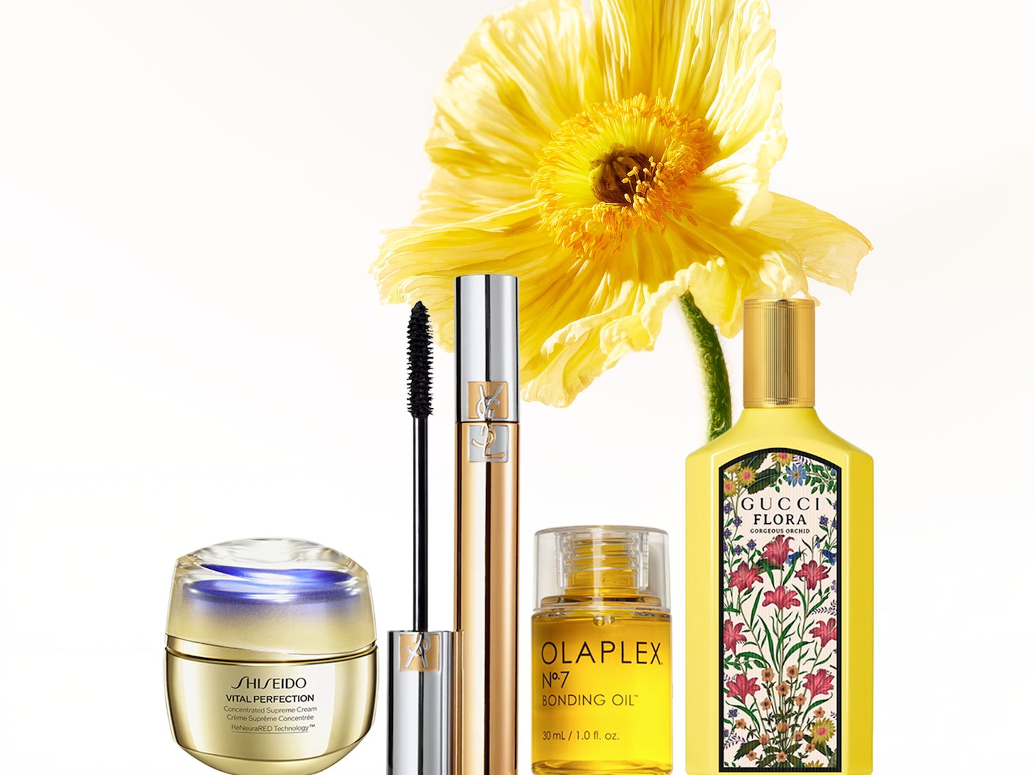 Esplora l'eleganza con Shiseido Vital Perfection, YSL mascara, Olaplex Bonding Oil e Gucci Flora Gorgeous Orchid, un'armonia di bellezza e lusso.