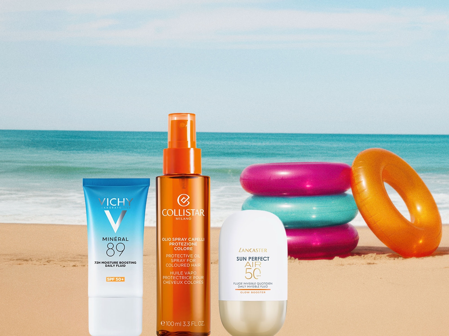 Sulla spiaggia assolata, Vichy Mineral 89, Collistar Olio Spray Capelli e Lancaster Sun Perfect Air 50 offrono protezione e cura per una giornata perfetta sotto il sole.