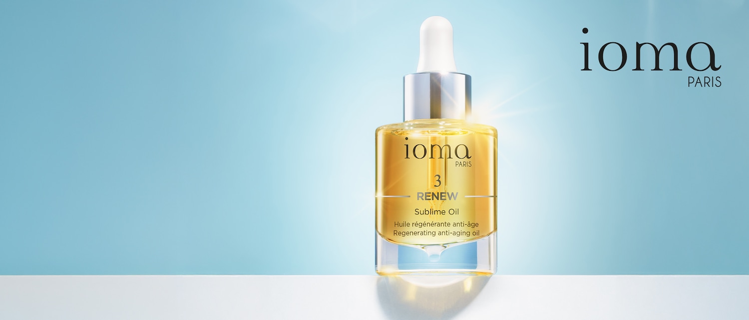 Ecco l'olio sublime rigenerante anti-età di Ioma Paris, confezionato in un flacone trasparente con contagocce bianco e tappo argentato, per una pelle rinnovata e radiosa.