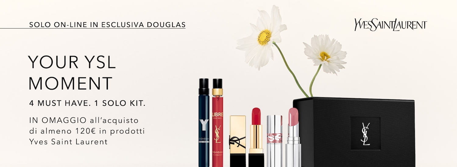 Esclusiva online da Douglas: scopri il tuo momento YSL con 4 must-have in 1 solo kit. In omaggio con l'acquisto di almeno 120€ in prodotti Yves Saint Laurent.