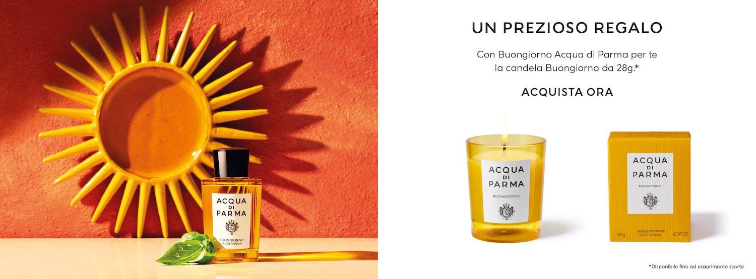 Sole giallo accanto a una bottiglia di profumo Acqua di Parma Buongiorno, con foglie verdi, che offre un'esperienza olfattiva rinfrescante.