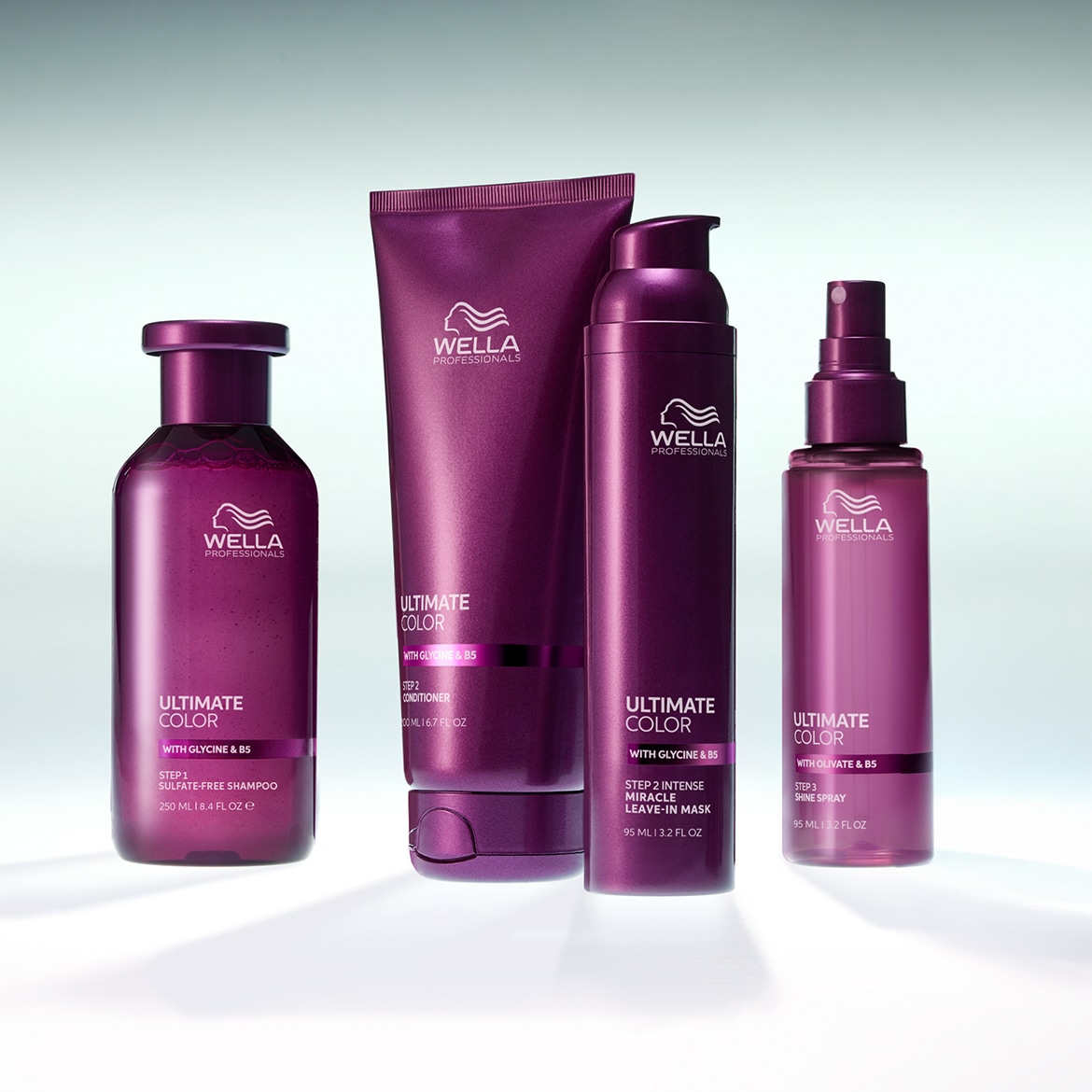 Ecco una gamma di prodotti Wella Professionals Ultimate Color in confezioni viola, tra cui shampoo senza solfati, balsamo, maschera leave-in e spray lucidante.