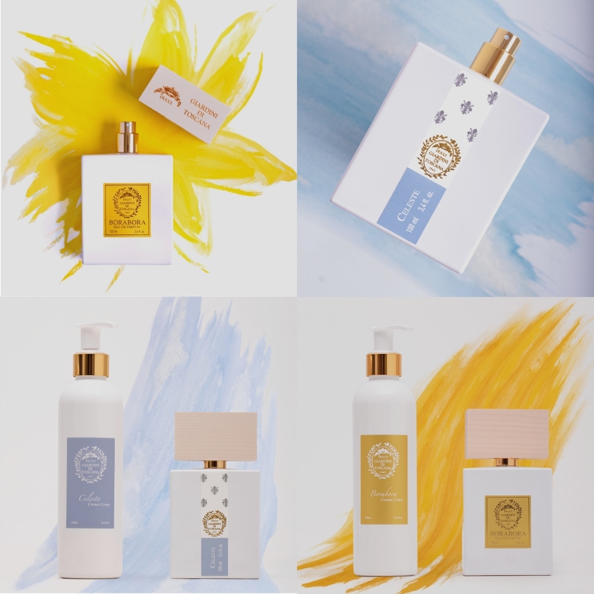 Scopri il set di profumi e creme corpo "Giardini di Toscana", con le fragranze Borabora e Celeste, presentate in confezioni bianche e oro.