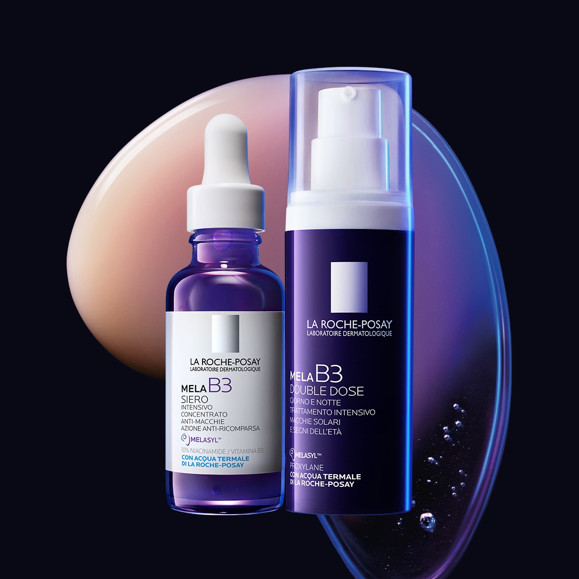 La Roche-Posay Mela B3 Siero Intensivo e Mela B3 Double Dose, due flaconi viola scuro con etichette bianche, sono affiancati su uno sfondo nero con forme astratte rosa e blu.