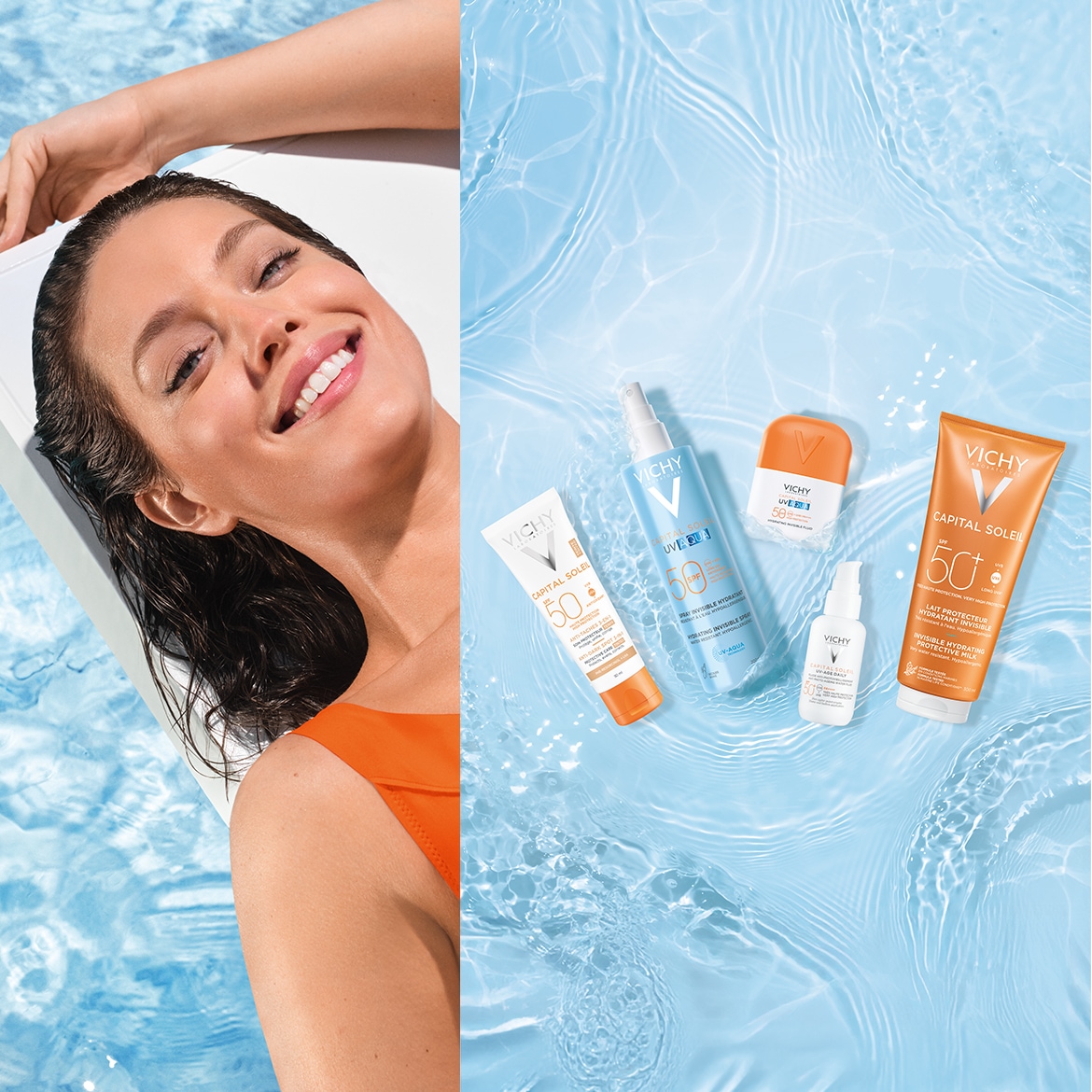 Goditi il sole in tutta sicurezza con la protezione solare Vichy Capital Soleil, disponibile in flaconi arancioni, bianchi e blu.