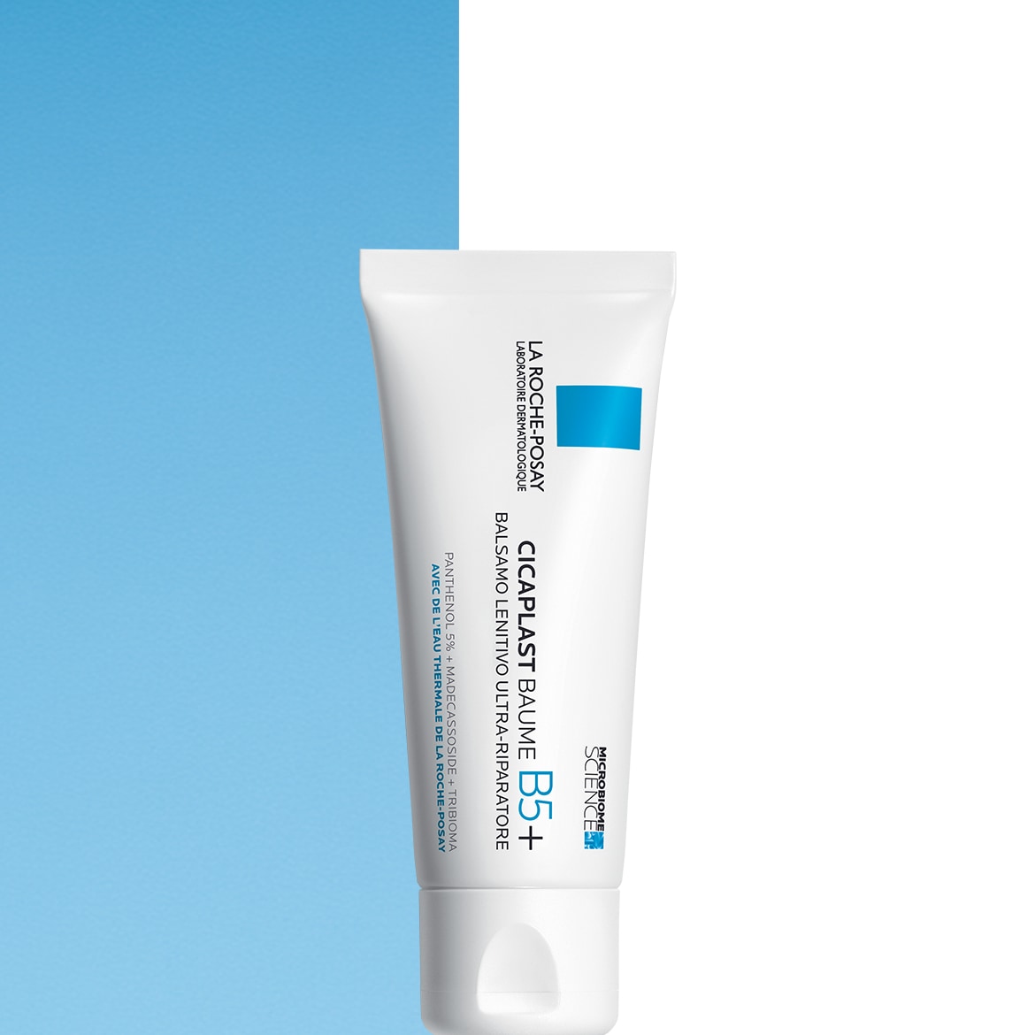 Ecco il balsamo lenitivo ultra-riparatore Cicaplast Baume B5+ di La Roche-Posay, confezionato in un tubo bianco con scritte nere e un rettangolo blu.