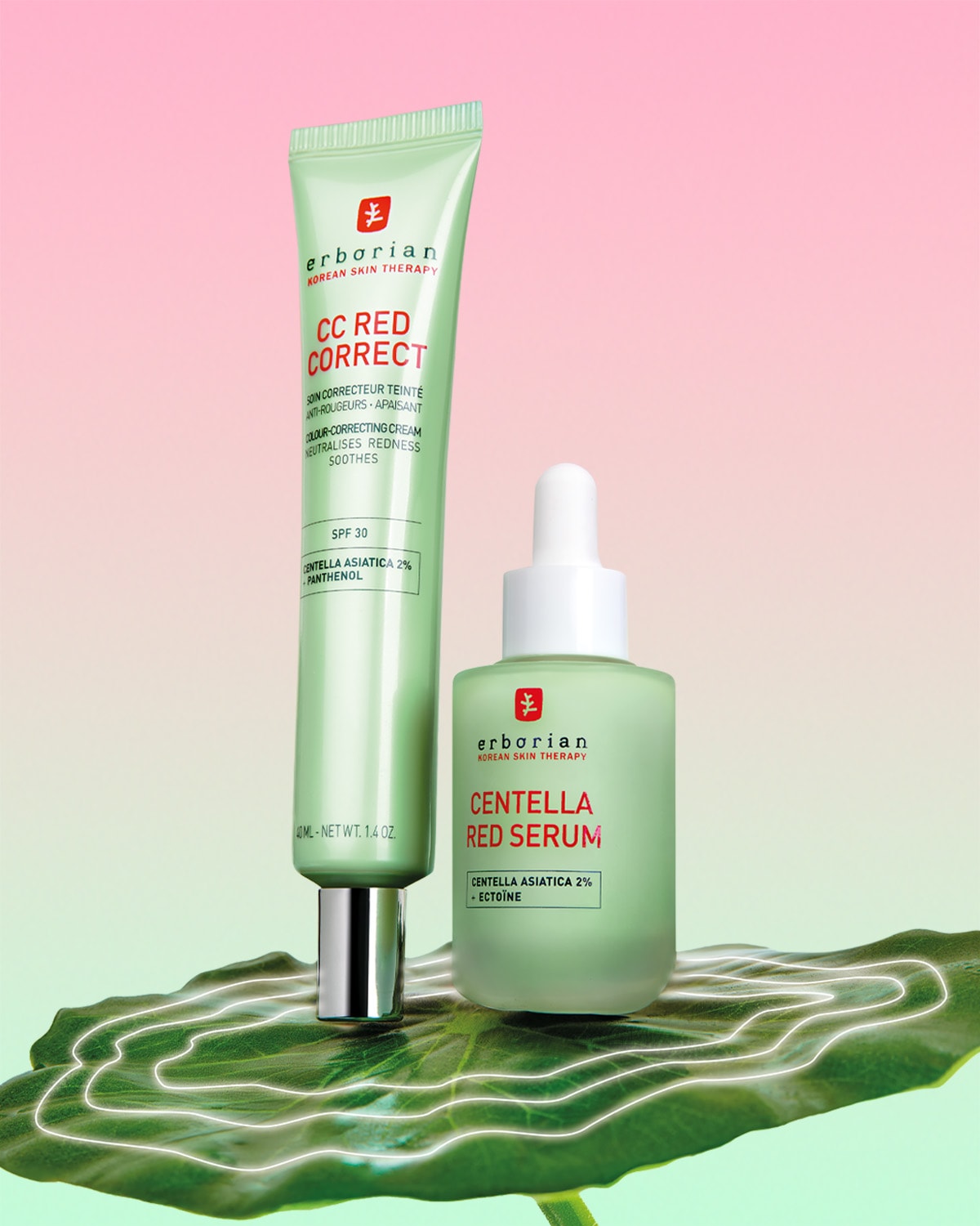 Ecco Erborian CC Red Correct, crema colorata anti-rossore lenitiva con SPF 30 e siero Centella Red, con Centella Asiatica 2% ed Ectoina, per neutralizzare il rossore e lenire la pelle.