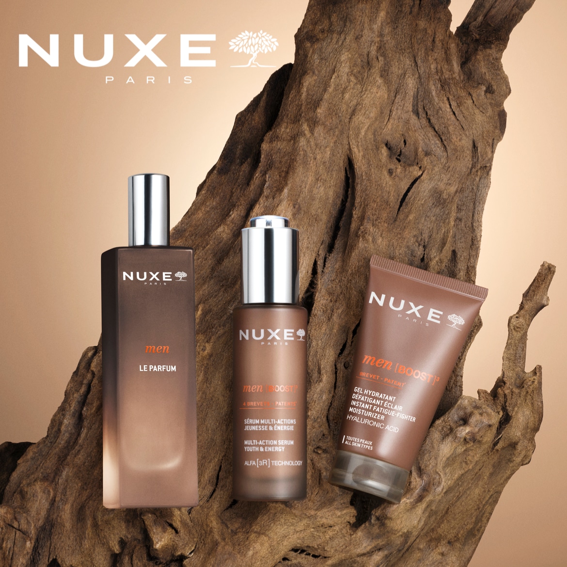 Scopri Nuxe Paris Men, con Le Parfum, siero multi-azione giovinezza e energia, e gel idratante defaticante illuminante con acido ialuronico, per tutti i tipi di pelle.