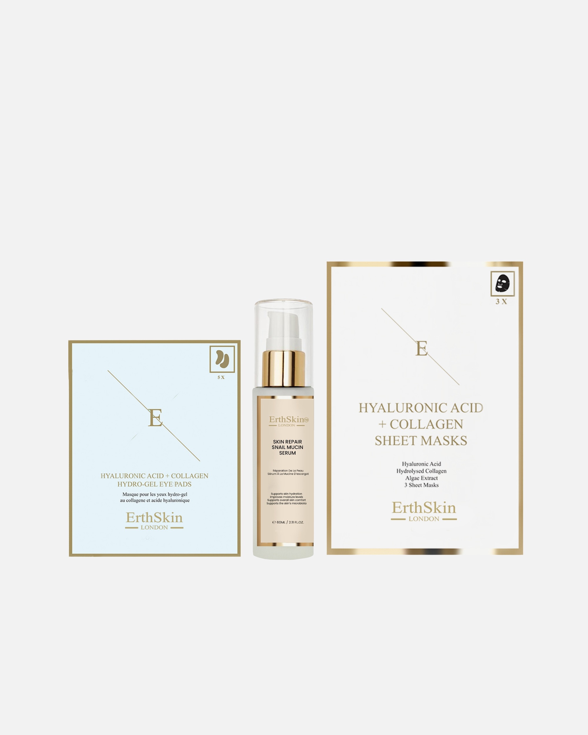 di Unisex ErthSkin London Set composto da siero riparatore alla bava di lumaca, patch contorno occhi al collagene e maschera al collagene. 1 Stück