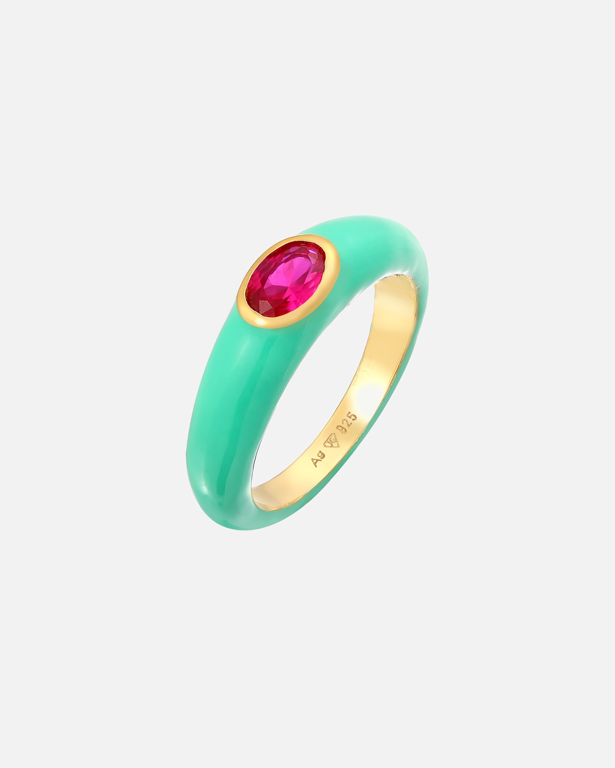 Anello di Femmina Elli Solitario Ovale con Smalto arancione e Cristallo di zirconia verde in Argento Sterling 925 Placcato Oro 52