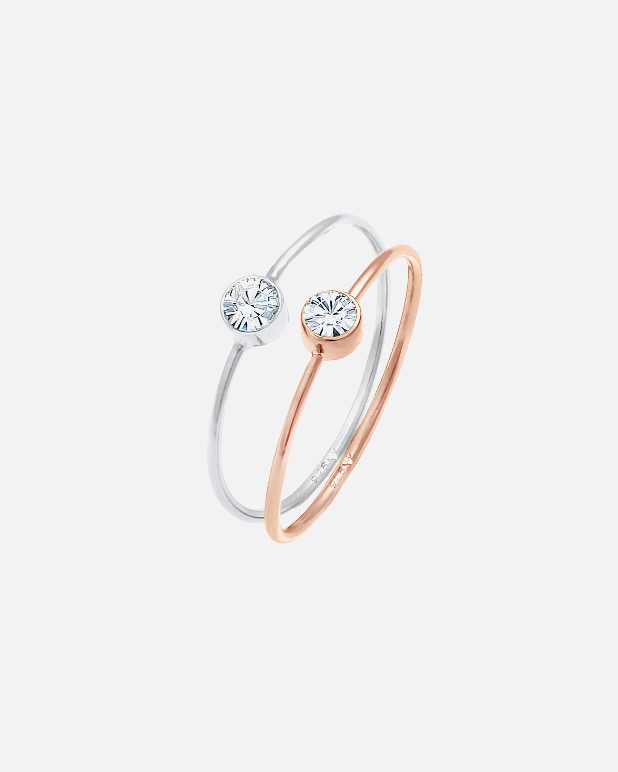 Anello di Femmina Elli Impilamento Set di 2 Solitario di Base Bicolore con Cristallo in Argento Sterling 925 Placcato Oro 46