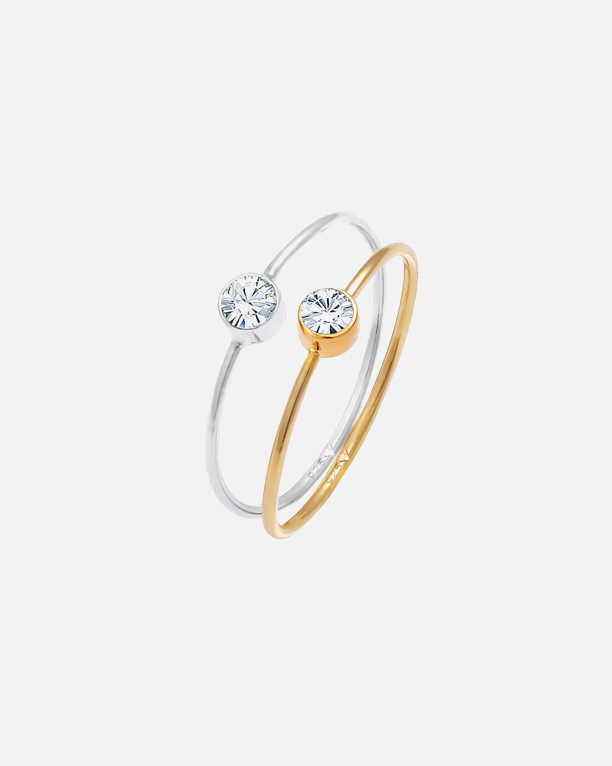 Anello di Femmina Elli Impilamento Set di 2 Solitario di Base Bicolore con Cristallo in Argento Sterling 925 Placcato Oro 44