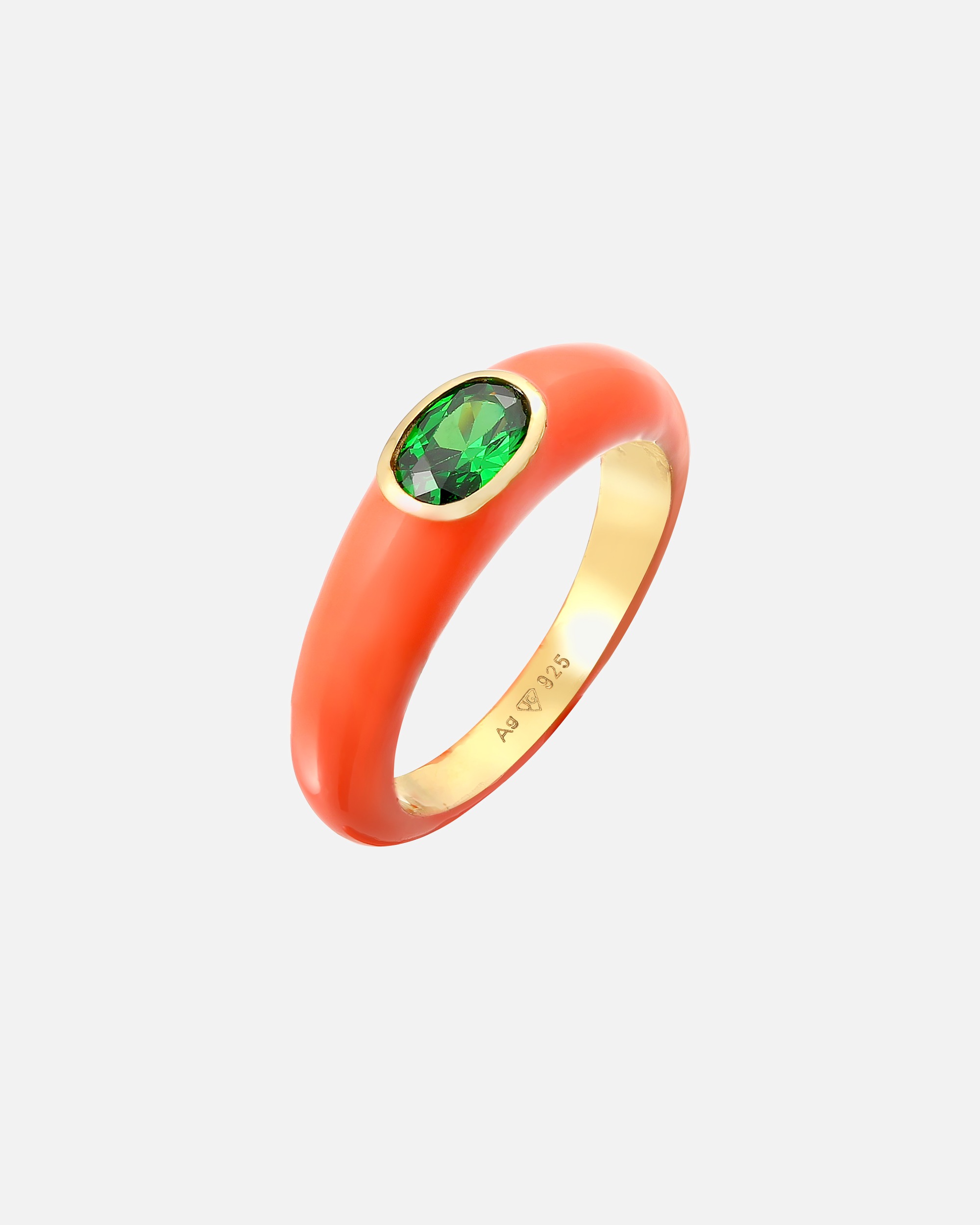 Anello di Femmina Elli Solitario Ovale con Smalto arancione e Cristallo di zirconia verde in Argento Sterling 925 Placcato Oro 56
