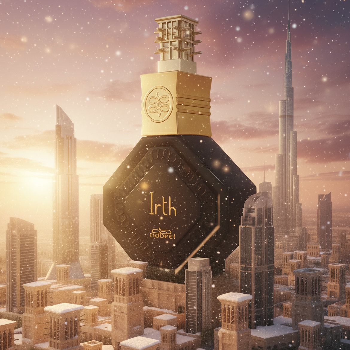Un flacone di profumo nero e oro di fronte allo skyline di Dubai innevato, che evoca lusso e fascino esotico.