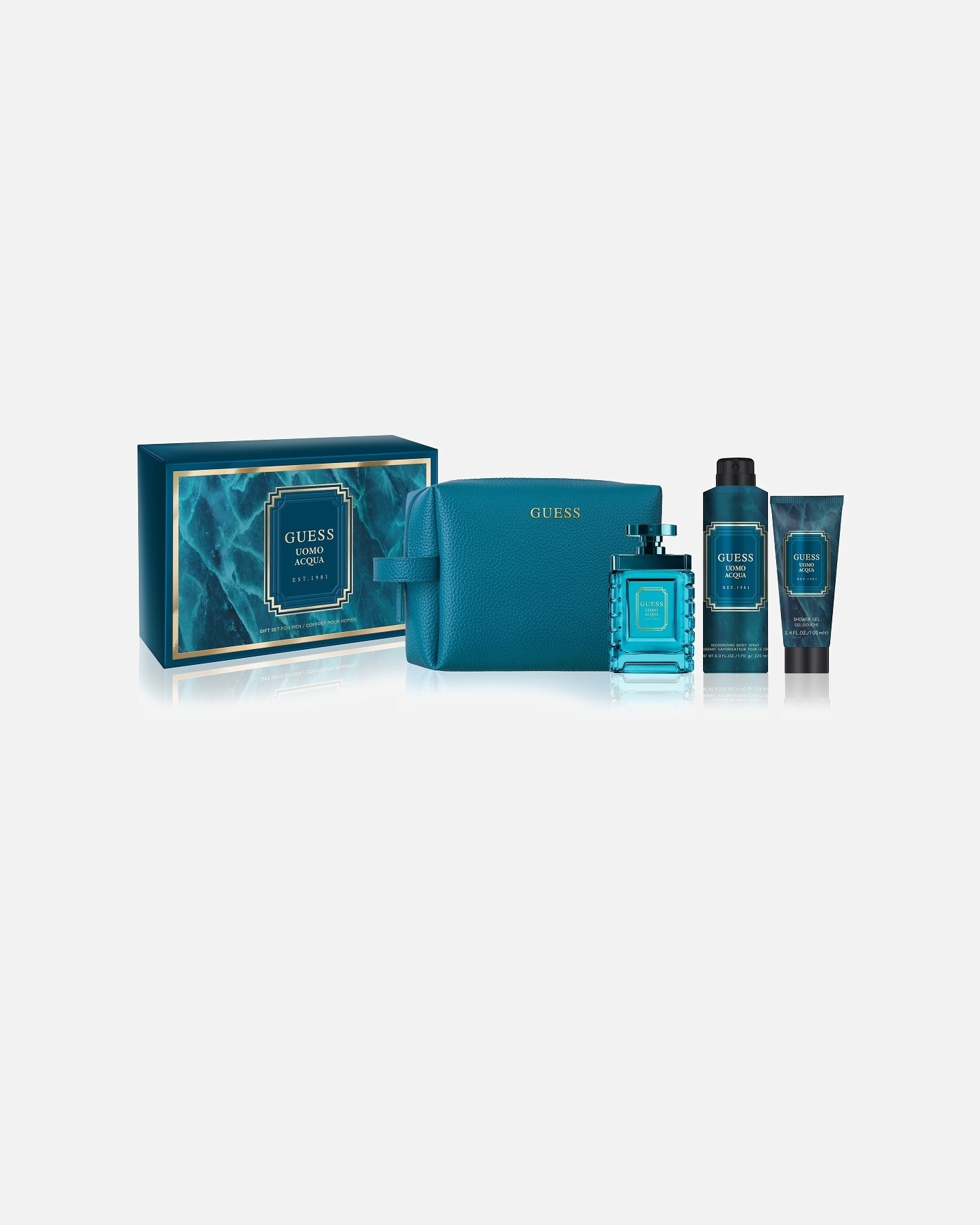 Cofanetto di Maschio GUESS Guess Uomo Acqua Eau de Toilette 100ml, 100ml Shower Gel, 170g Deo Spray e Pouch 1 pz