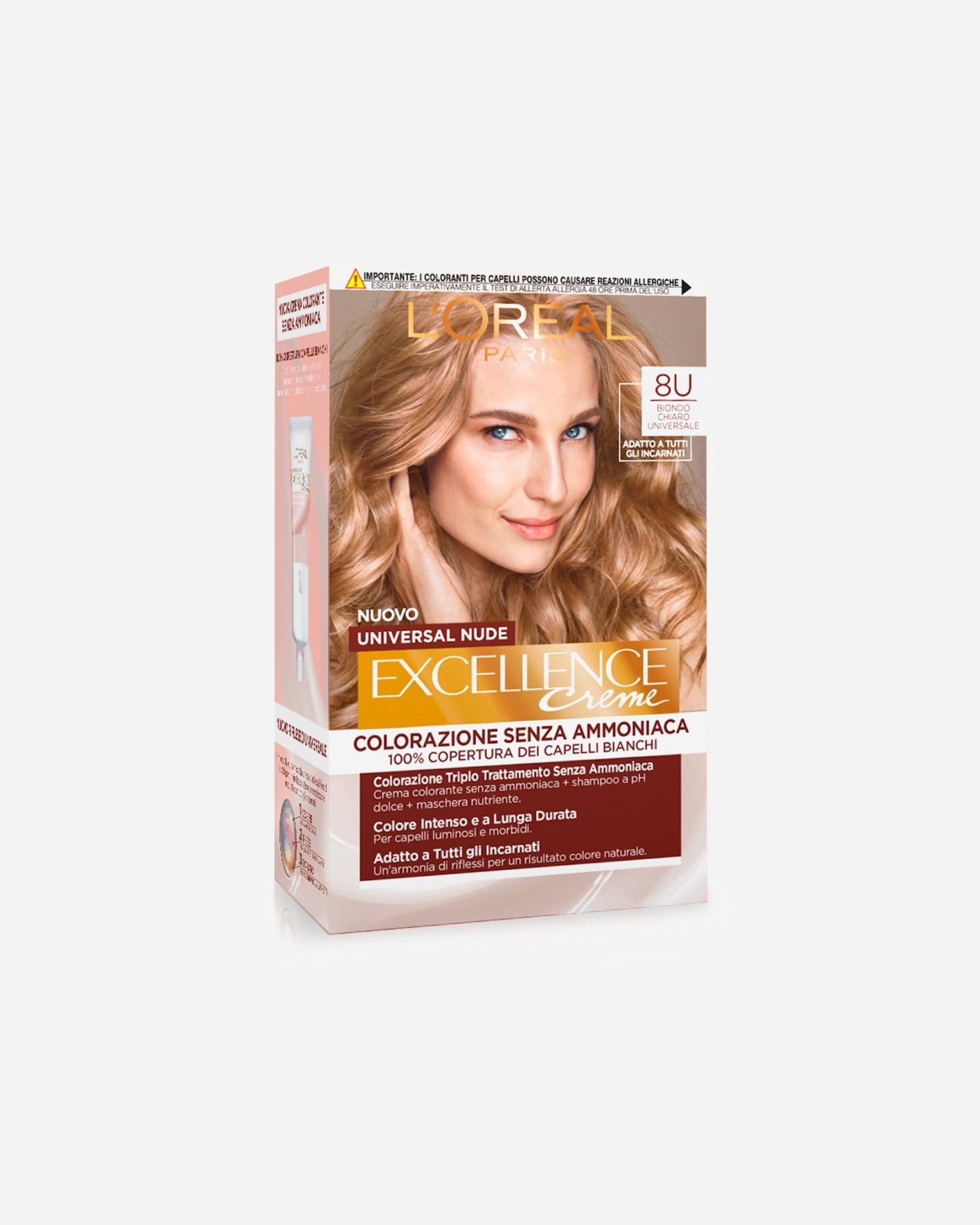 Tinta Capelli di Femmina L'Oréal Paris Excellence L’Oréal Paris Colorazione Permanente Excellence Universal Nude, Senza Ammoniaca, Con Riflesso Universale, Adatto a Tutti gli Incarnati, Colore Intenso a Lunga Tenuta, 8U. Biondo Chiaro Universale