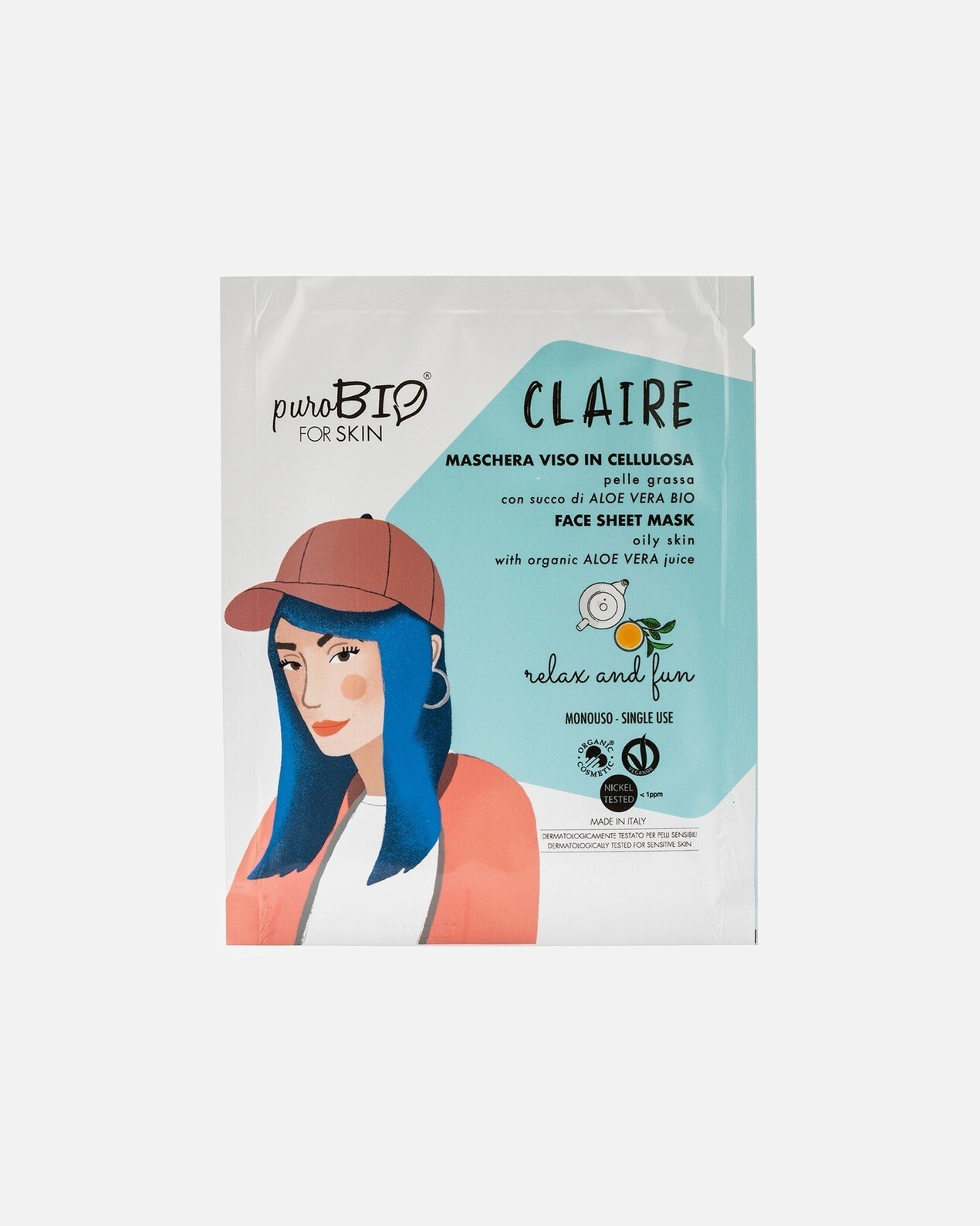 Maschera in Tessuto di Femmina Purobio Claire Maschera Viso In Tessuto per Pelle Grassa 18 Relax And Fun
